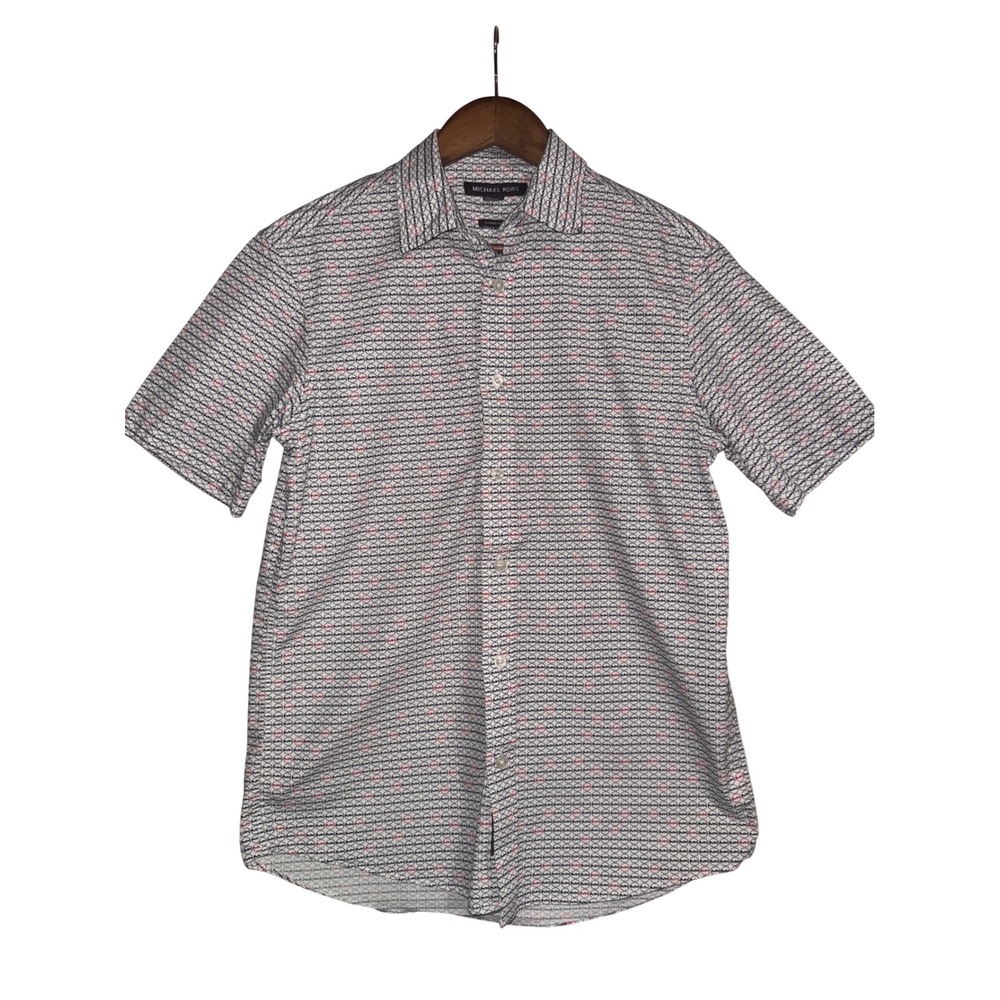 Michael Kors Mens Small White Red Black MK Logo Monogram Button Down Shirt S